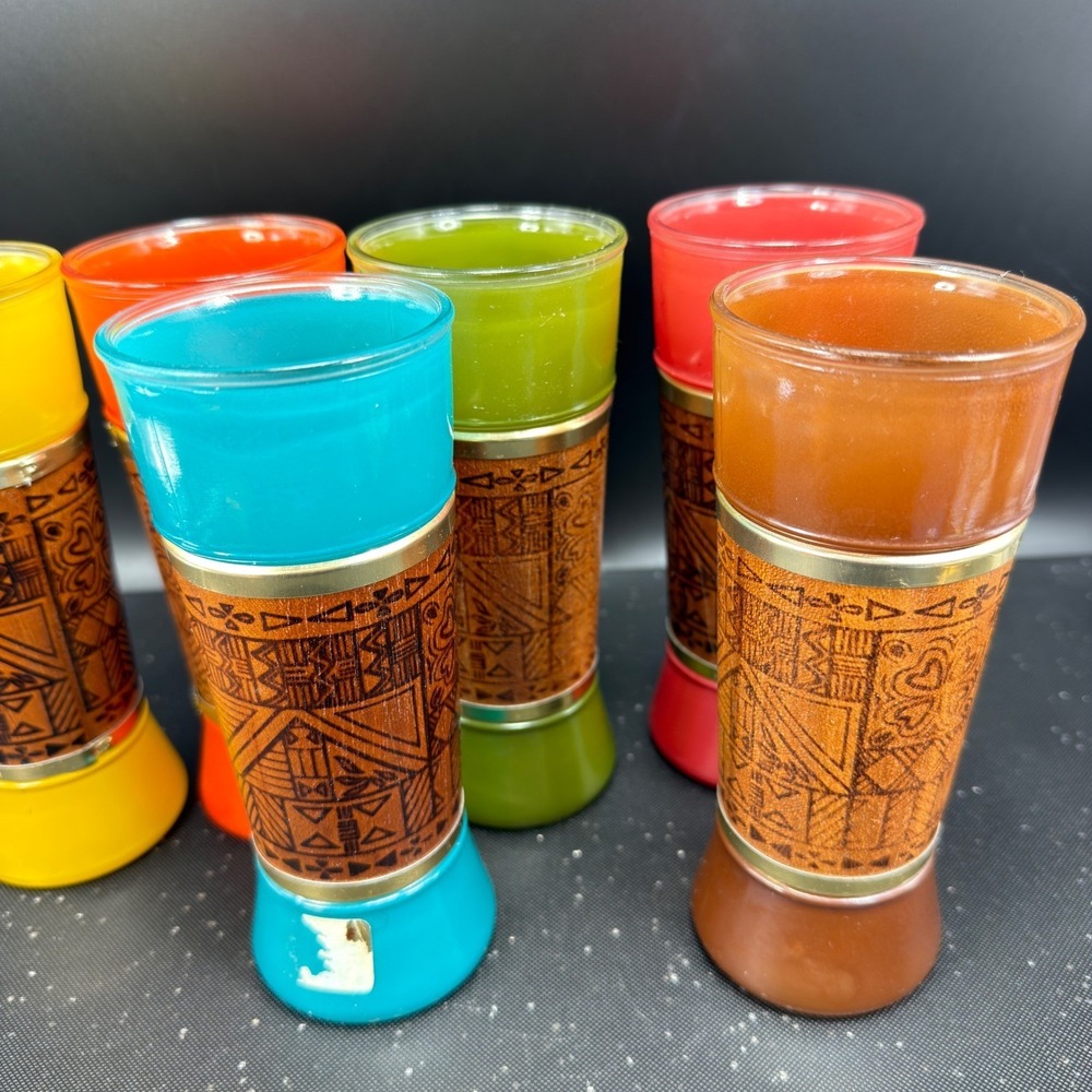 Vintage MCM Tiki Highball Glasses Genuine Mahogany Wood Wrap Set 6 Multi Color - Picture 14 of 15